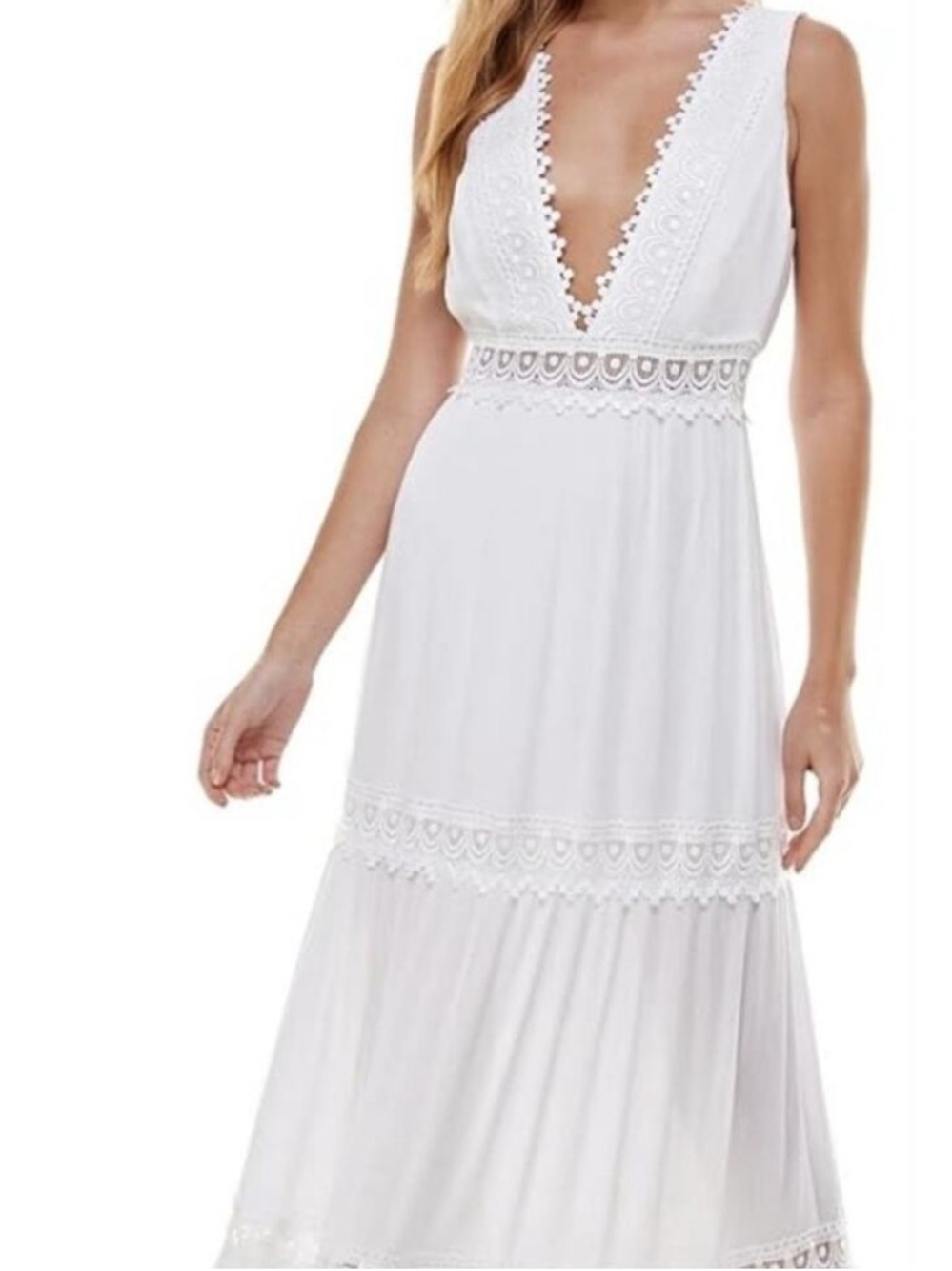 Bebe White Lace Trim Maxi Dress - Deep V